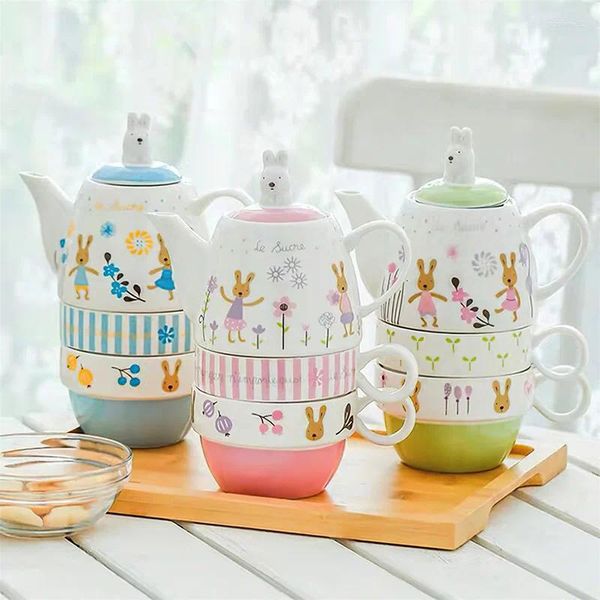 Ensembles de services à thé, théière à couches en céramique, ensemble de tasses, dessin animé coréen, porcelaine, café, thé, ustensiles à boire, 1 Pot, 2 tasses, bouilloire