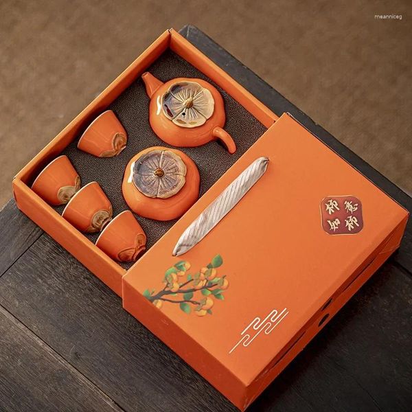 Juegos de té, juego de té de cerámica caqui Ruyi, caja de regalo, olla, taza