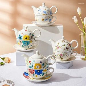 Service à thé en céramique, service à thé créatif Portable à fleurs, Style européen, une théière, tasse et soucoupe, Simple, pour la maison et le bureau
