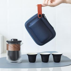 Ensembles de vaisselle en céramique ensemble bouilloire théière portable voyage avec étuis de transport filtre en verre fleur chinois teawares