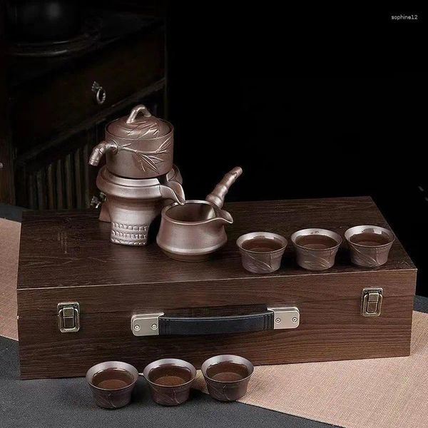 Service à thé en céramique avec infusion automatique dans une boîte cadeau en bois de haute qualité, parfait pour les cadeaux d'affaires et la cérémonie du thé