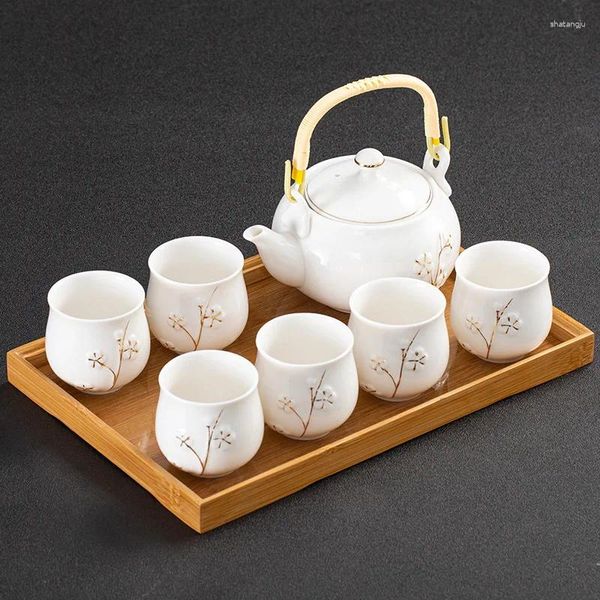 Service à thé en céramique et soucoupe en bambou, tasse à prune décorée en porcelaine blanche, théière chinoise moderne et Simple pour la maison