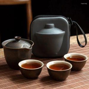 Ensembles de service à thé théière en céramique 1 Pot 3 tasses cérémonie de voyage en plein air sac fourre-tout chinois Gaiwan Tureen service à thé concepteur