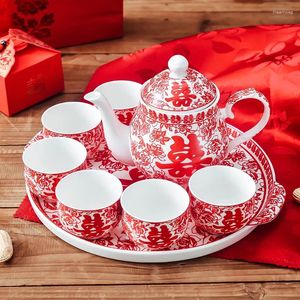 Ensembles de service à thé en papier chinois découpé, fournitures en céramique de mariage, cadeau de mariée, théière, tasse à thé, ensemble heureux