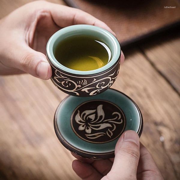 Juegos de té |Taza maestra de cerámica Longquan Celadon de estilo chino, tazas pequeñas de muestra de té individuales cortadas a mano