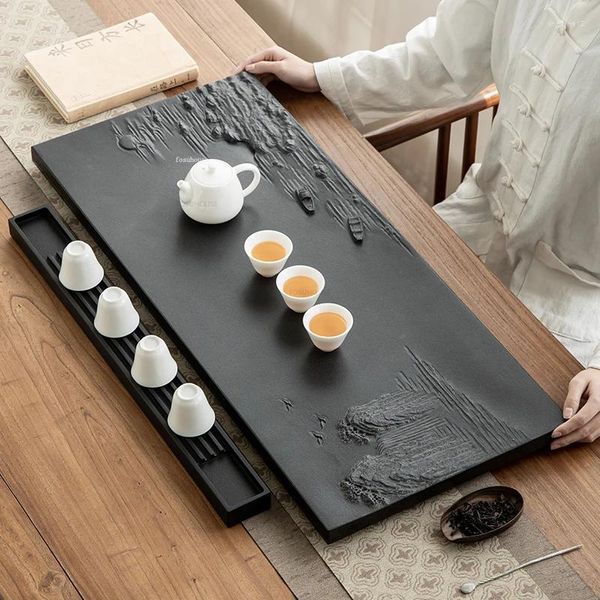 Ensembles de voiles de thé Thé chinois Natural Black Gold Stone Tray Home Simple Art Paysage Paint Relief Table Bureau L