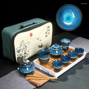 Ensemble de thé de thé Ensemble de thé chinois Blue Amber Glaze Ceramic Temmoku Exquisite Cup portable Tobe Gaiwan Gaiwan