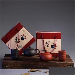 Service à thé Ensemble de thé de voyage traditionnel chinois argile pourpre Kung Fu tasse tasse paquet théière cadeau en céramique avec boîte-cadeau livraison directe H Dhajt