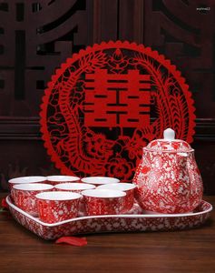 Theewaar Sets Chinese Traditionele Bruiloft Keramische Theekopje Set Theepot Geluk Rode Theepot Hartvormige Dienblad Huwelijksviering