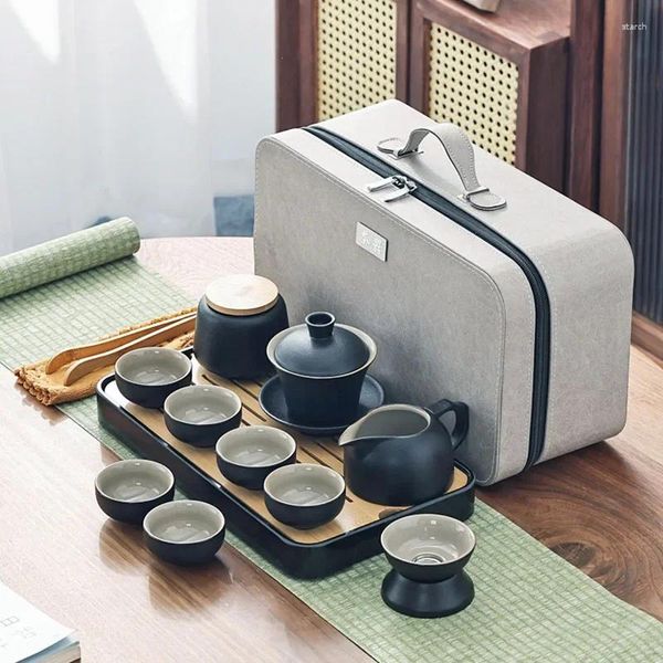 Juegos de té Juego de té de viaje chino Gaiwan infusores portátiles ceremonia taza de té de cerámica herramientas completas regalo Juego Te cocina