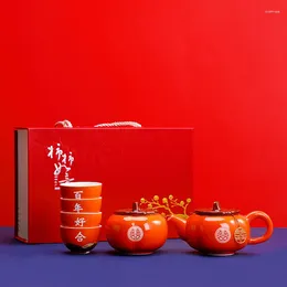 Conjuntos de té Conjunto de caqui de boda china Té de cerámica Porcelana Taza de tetera naranja Ceremonia creativa
