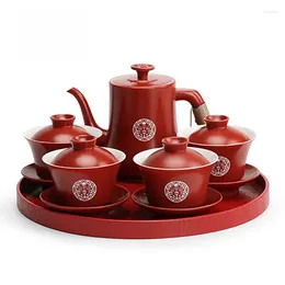 Theewaar Sets Chinese Bruiloft Benodigdheden Rode Keramische Thee Set Theepot Gaiwan Met Dienblad Lywed Party Souvenir Geschenk Porselein