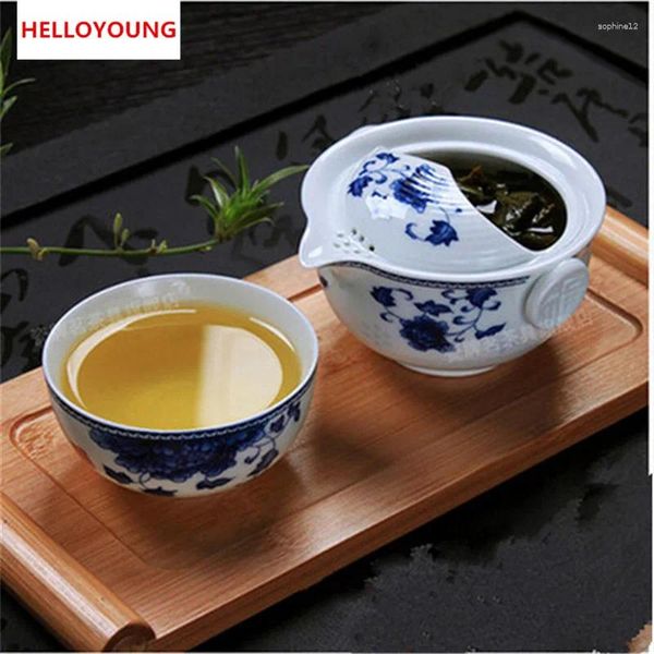 Juegos de té CJ226 Juego de té incluyen 1 taza de tazas elegantes Gaiwán hermosa y fácil tetera de tetera azul blanco porcelana