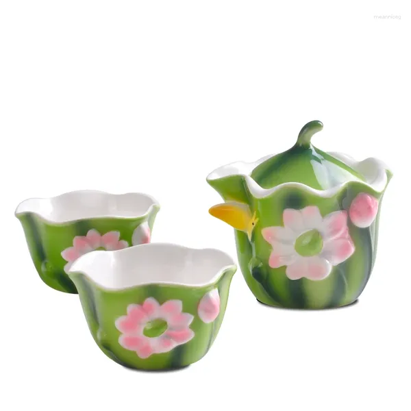 Juegos de teteras de porcelana esmaltada de colores, juego de té de Kungfu con taza Easy Quik de loto, viaje portátil, incluye 1 olla y 2 tazas