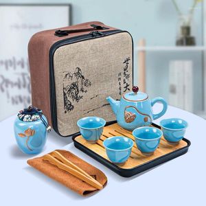 Teaware sets Creative Portable Travel Tea Set een pot met vier kopjes en blikjes keramische reliëf Lotus Teapot