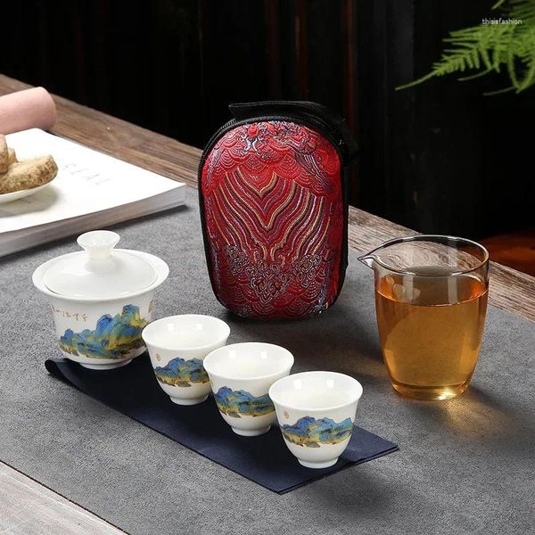 Ensembles de service à thé, théières en céramique avec 3 tasses à thé en porcelaine Gaiwan, ensemble de voyage Portable, verres à boissons, cadeaux