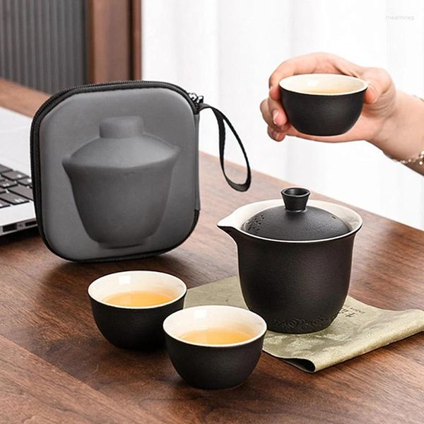 Juegos de teteras, juego de té de viaje portátil personalizado, olla japonesa de alta gama, bolsa de almacenamiento para té, traje de cerámica, tres tazas para el hogar