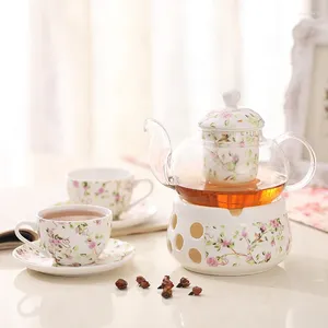 Teaware-sets Flower Tea Set 1 Pot 2 kopjes schotelmiddag Bloemen fruit en theepot warmtebestendige kaarsenverwarming