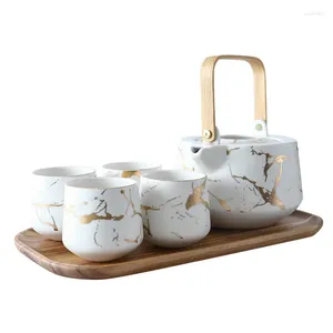 Ensembles de voiles de thé Ensemble de thé en porcelaine de texture en marbre doré avec 1 théise 4 tasses en bois Asie Drinkware Matte Black Blanc