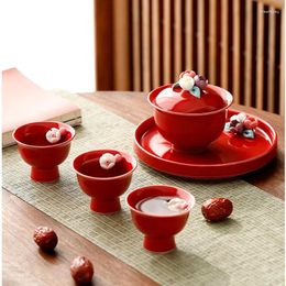 Ensembles de thé fleur pétrie à la main Gaiwan tasse à thé service à thé tasse en céramique bol rouge cadeau de mariage chinois