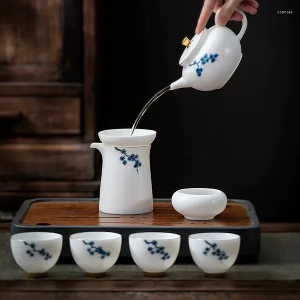 Ensembles de voiles de thé peintes à la main en bleu et blanc de mouton de mouton gras en porcelaine