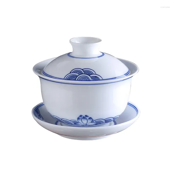 Juegos de té, cubierta pintada a mano, taza de té individual, tazón de té de cerámica, juego chino Jingdezhen de porcelana azul y blanca San Cai Bei