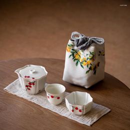 Juegos de té Juego de té de viaje de caqui pintado a mano, porcelana de cerámica, taza Gaiwan, ceremonia creativa de tazón