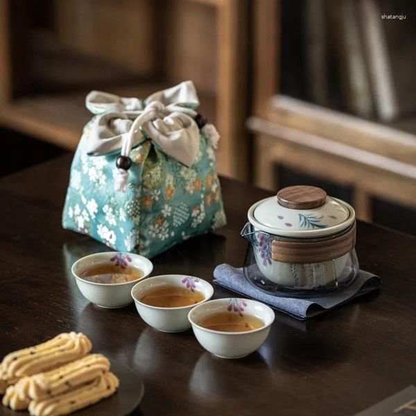 Juegos de té pintados a mano, taza rápida, juego de té de viaje de vidrio antiescaldaduras, bolsa de tela de almacenamiento portátil para acampar al aire libre, chino