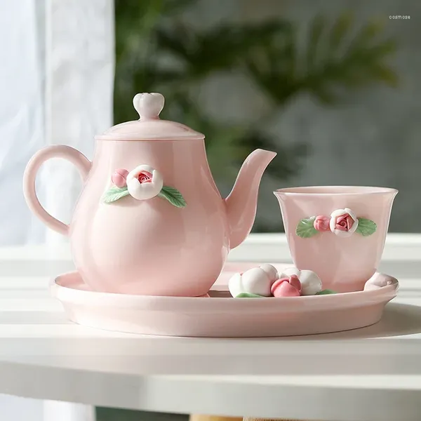 Juegos de té té de té de flores hechos a mano Caza de cerámica de rosa para la taza de té de porcelana rosa rosa tetera china