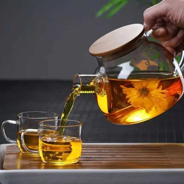 Juegos de teteras Tetera de vidrio de borosilicato alto para uso doméstico nueva tetera China con tapa de bambú juego de té cocina comedor bar uso doméstico L2403