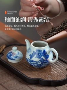 Service à thé haut de gamme fait à la main Jingdezhen théière en céramique ménage peint à la main paysage bleu et blanc porcelaine unique service à thé