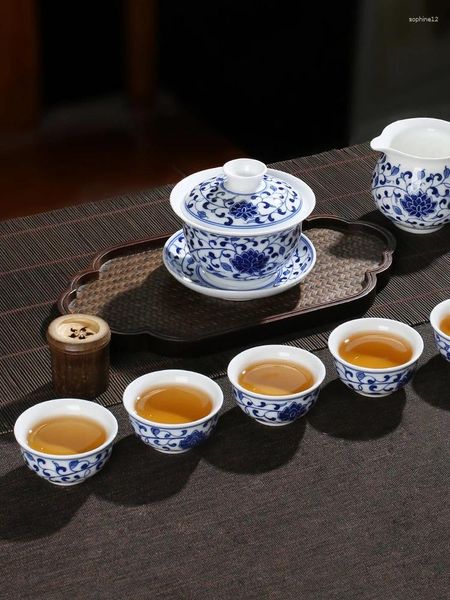 Jingdezhen – service à thé en céramique de haute qualité, ensemble de tasses à thé Gaiwan, dessin à la main pur, porcelaine bleue et blanche, boîte cadeau Anti-brûlure pour la maison