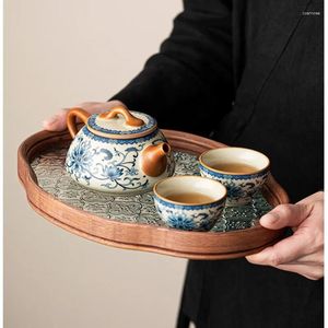 Ensembles de voies de thé Thé domestique de haute qualité Pot Pot Bleu et blanc Ru Kiln Teapot Exquis Tops anciens plateau en verre Ensemble chinois