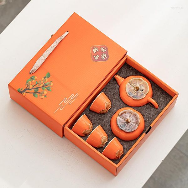 Ensembles de thé cadeau de vacances service à thé kaki Ruyi théière tasse boîte Orange avec main