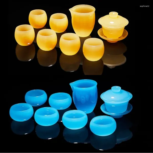 Service à thé en porcelaine de Jade bleu glacé, 8 pièces, tasse chinoise, distributeur de soupière colorée avec boîte-cadeau