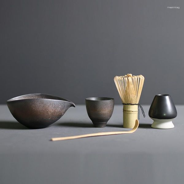 Ensembles de service à thé Bol en céramique d'intérieur coffret cadeau outils traditionnels ensemble de bambou fait à la main cuillère à thé Matcha 4/5 pièces/ensemble fouet d'anniversaire