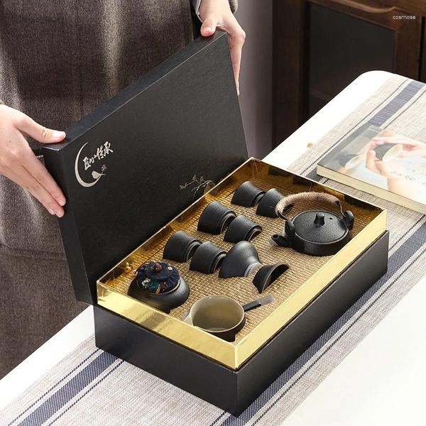 Juego de té japonés de cerámica negra, tetera de cerámica Simple para el hogar, taza de té con caja de regalo