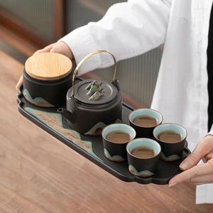 Ensembles de thé Style japonais dessiné à la main ombre de montagne théière à poignée en boucle service à thé sec Pour la maison salon Mini tasse à thé