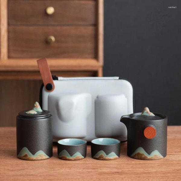 Juegos de té Juego de té de viaje portátil pintado a mano de estilo japonés Stoare Quick Cup One Pot Two Small Suit