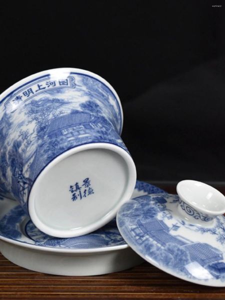 Ensembles de thé Jingdezhen bleu et blanc porcelaine Sancai bol de couverture Imitation Antique peint à la main en céramique thé grand ensemble unique