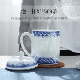 Jingdezhen – tasse à thé en céramique, tasse à thé avec couvercle, peinte à la main, motif de riz bleu et blanc, porcelaine décorée, eau domestique