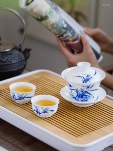 Service à thé Jingdezhen peint à la main en porcelaine bleue et blanche, tasse à thé simple en céramique, grand service à thé Gaiwan, bol de brassage