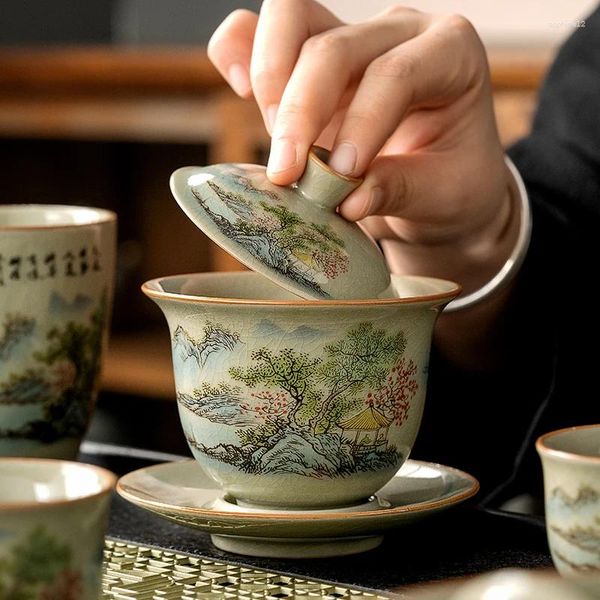 Juegos de utensilios de té Jingdezhen, juego de té de porcelana azul y blanco pintado a mano, estilo Retro chino, cubierta de Sutra de corazón manuscrita, caja de regalo de taza de té