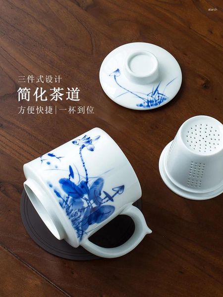 Conjuntos de té Jingdezhen pintado a mano azul porcelana blanca taza de té grande hogar colador de cerámica elaboración de cerveza oficina personal con tapa