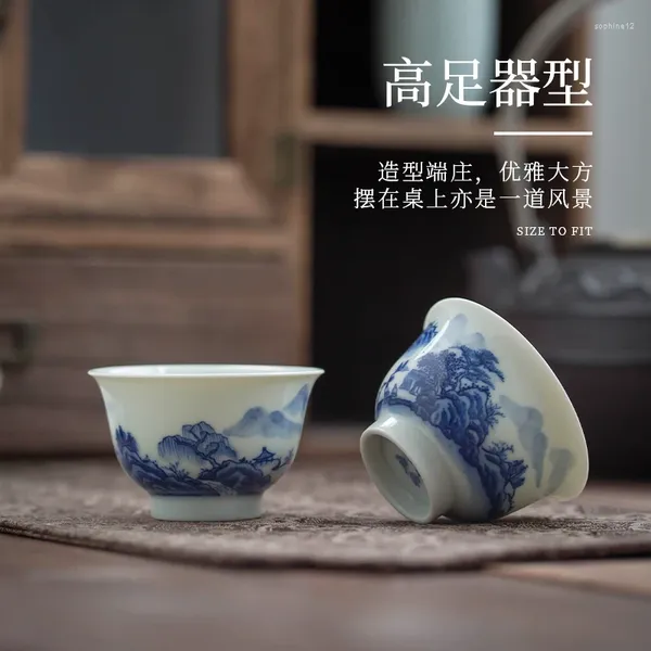 Services à thé Jingdezhen fait à la main tasse à thé dessinée à la main maître spécial unique en céramique rétro bleu et blanc paysage