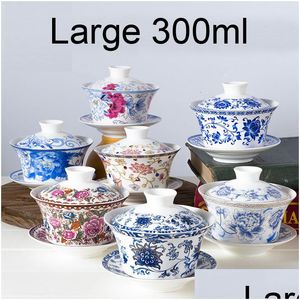 Theeservies Sets Grote 300 ml Bone China Gaiwan Keramische theepotkop met schotel Handgeschilderde theekom terrines Chinese Kung Fu-ceremonieset Dhv8N