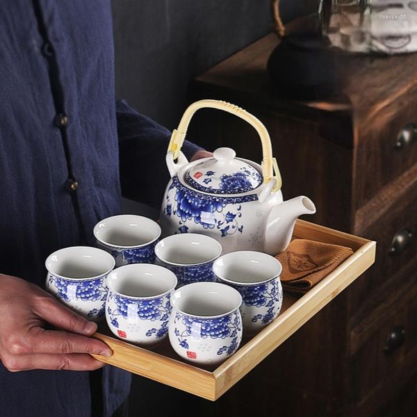 Conjuntos de teteras, juego de té con mango de elevación, bandeja para verter en seco de porcelana, taza de tetera azul y blanca para el hogar, completa