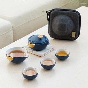 Ensembles de service à thé Théières en céramique LUWU avec 3 tasses Verres à thé de voyage portables bleus