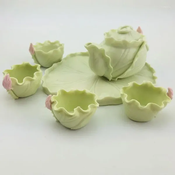 Conjuntos de té Mini juego de tetera y taza de porcelana Teteras chinas de cerámica Servicio de tazón Gaiwan Forma de loto Adornos de oficina para el hogar