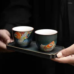 Ensembles de service à thé tasse à thé nationale Chao Feng carpe | Changement de four, petite tasse simple à plateau, coffret cadeau, cadeaux en céramique